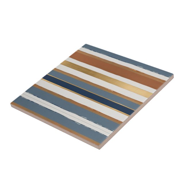 White blue gold and copper horizontal stripes ceramic tile (Side)