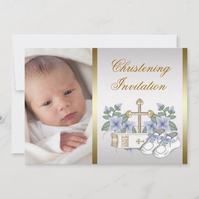 White Blue Gold Baby Boy Photo Christening Invitation (Front)