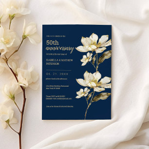 White blue gold floral 50th Wedding Anniversary  Invitation