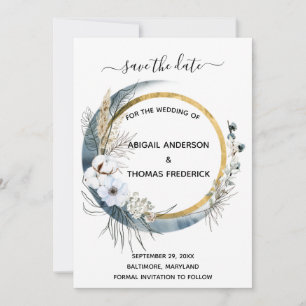 White Blue Gold Floral Watercolor Boho Wedding Save The Date