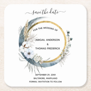 White Blue Gold Floral Watercolor Elegant Wedding  Square Paper Coaster