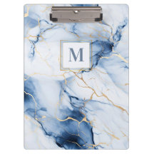 White Blue Gold Marble Monogram Initial Clipboard