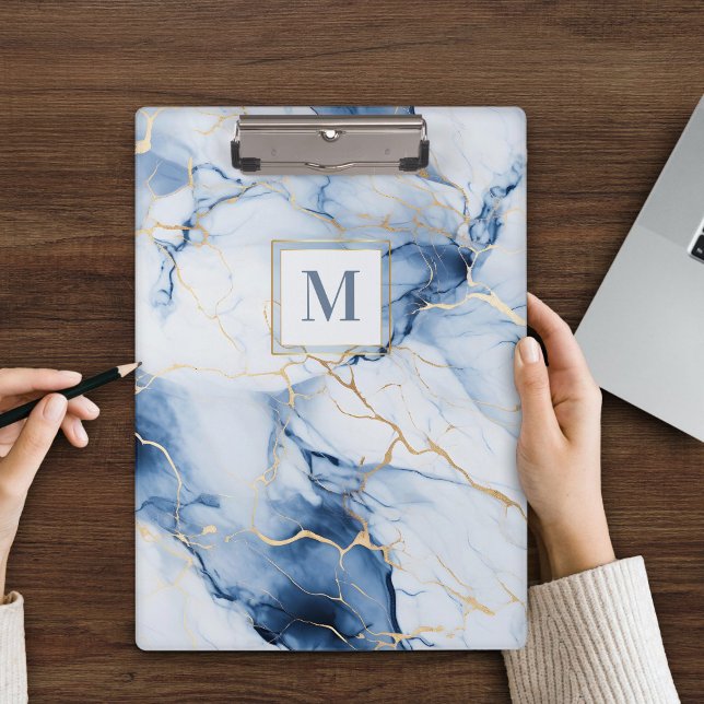 White Blue Gold Marble Monogram Initial Clipboard (Creator Uploaded)