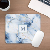 White Blue Gold Marble Monogram Initial Mousepad