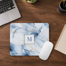 White Blue Gold Marble Monogram Initial Mousepad