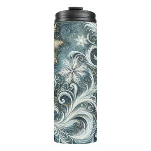 WHITE BLUE GOLD SILVER ABSTRACT WINTER SNOWFLAKES THERMAL TUMBLER