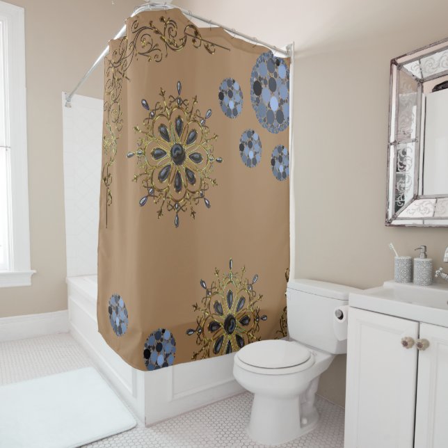 White blue gold victorian shower curtain (In Situ)