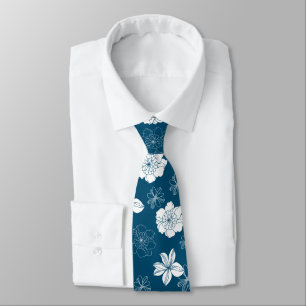 White & Blue Graphic Floral Pattern Tie