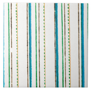 White Blue Green Brown Stripes Japanese textile Ceramic Tile