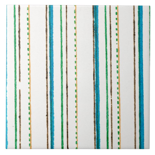 White Blue Green Brown Stripes Japanese textile  Ceramic Tile (Front)