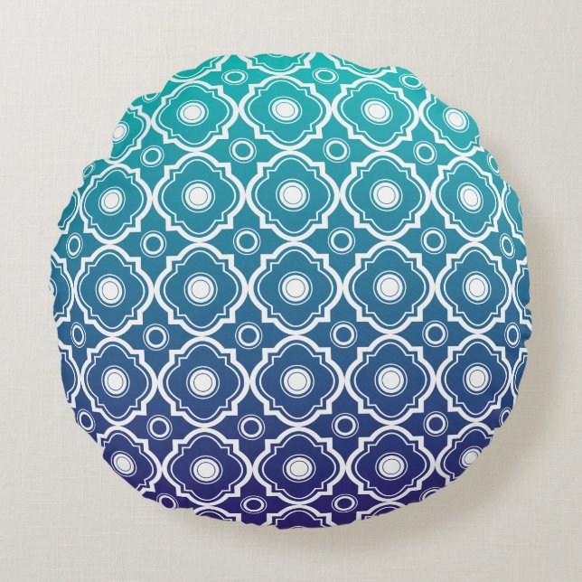 White & Blue Green Gradient Geometric Quatrefoil Round Cushion (Front)