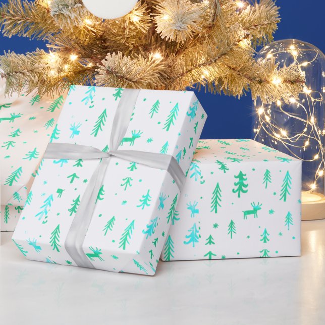 White Blue Green Illustration Christmas Pattern    Wrapping Paper (Holidays)