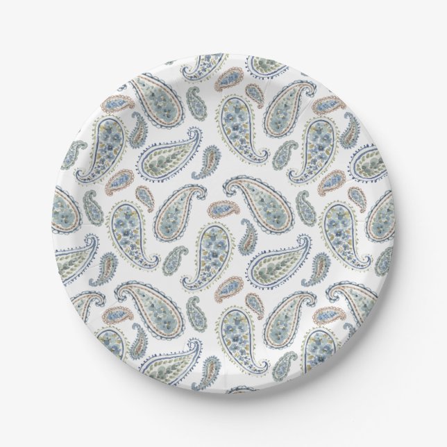 White Blue Green Paisley Watercolor Pattern Paper Plate (Front)