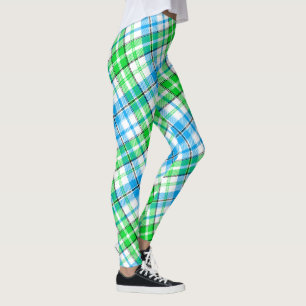 White Blue Green Plaid Tartan Design  Leggings
