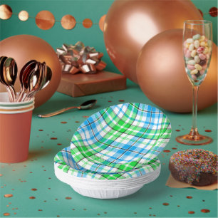 White Blue Green Plaid Tartan Design Paper Plate