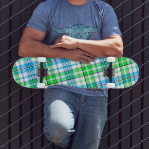 White Blue Green Plaid Tartan Design  Skateboard