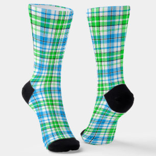 White Blue Green Plaid Tartan Design Socks