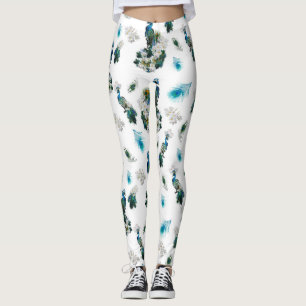White & Blue-green Royal-Peacocks Fantasy Leggings