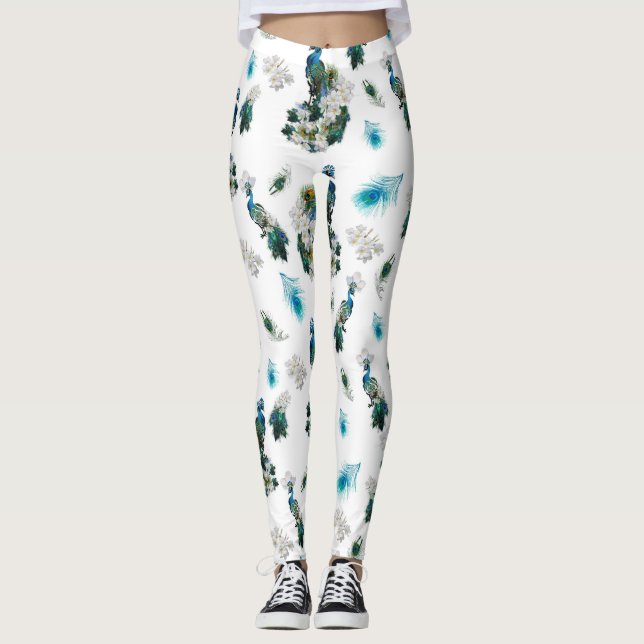 White & Blue-green Royal-Peacocks Fantasy Leggings (Front)