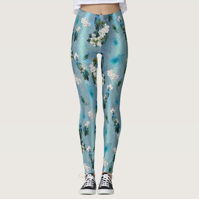 White & Blue-green Royal-Peacocks Fantasy Leggings (Front)
