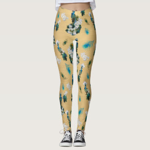 White & Blue-green Royal-Peacocks on Gold Leggings