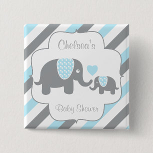 White, Blue & Grey Stripe Elephants Baby Shower 15 Cm Square Badge