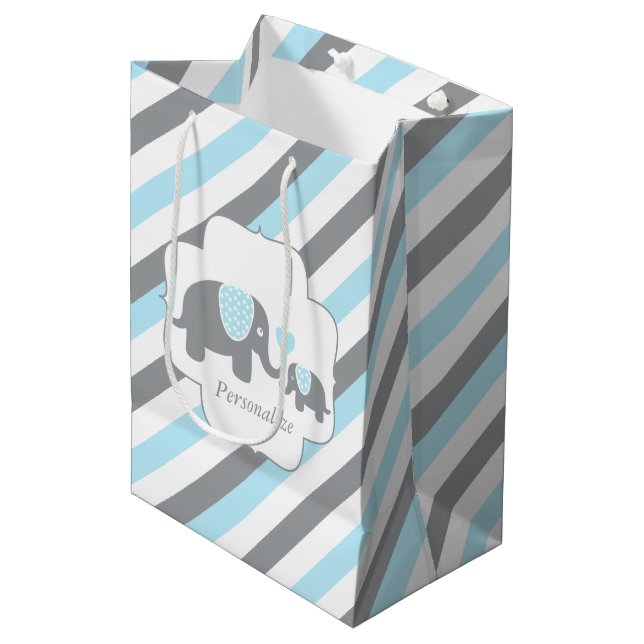 White, Blue & Grey Stripe Elephants Baby Shower Medium Gift Bag (Front Angled)