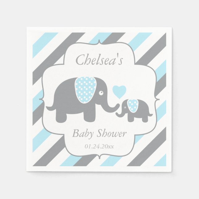 White, Blue & Grey Stripe Elephants Baby Shower Napkin (Front)