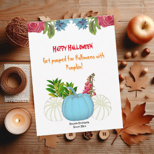  White Blue Halloween Pumpkin Watercolor Floral