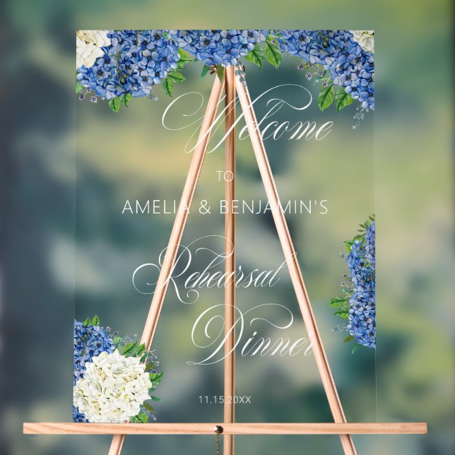 White Blue Hydrangeas Wedding Rehearsal Dinner Acrylic Sign (Neutral)