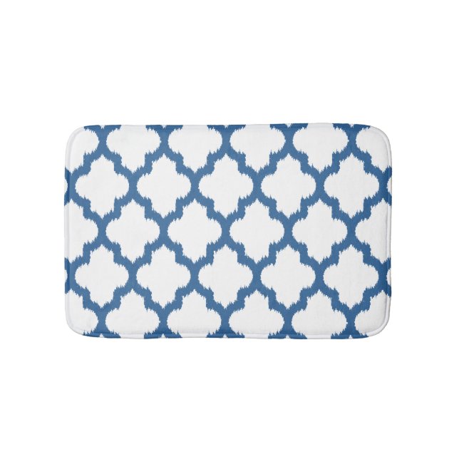 White & Blue Ikat Quatrefoil Geometric Pattern Bath Mat (Front)