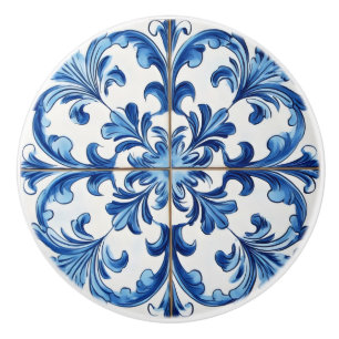 White Blue Italian Tile Pattern Ceramic Knob