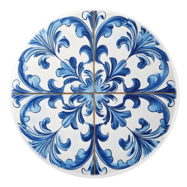White Blue Italian Tile Pattern Ceramic Knob (Front)