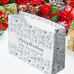 White blue knitted winter wear Christmas Large Gift Bag<br><div class="desc">White background with a pattern in blue of knitted mittens,  socks and beanies.  Personalise and add your name. Text; Merry Christmas
Perfect both for gift wrapping and as a Christmas Party favour bag,  goodiebag.</div>