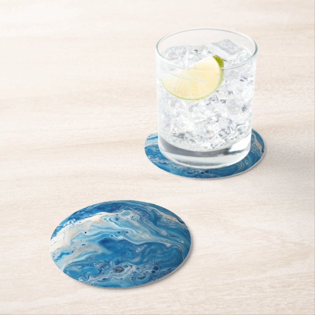 White Blue Marble Pattern Round Paper Coaster (Insitu)