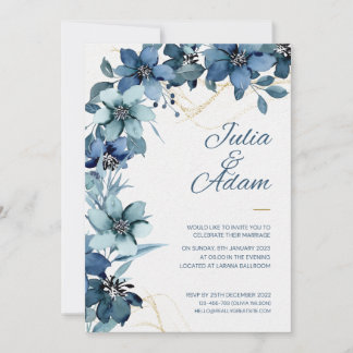 White & blue minimalist flower wedding Invitation
