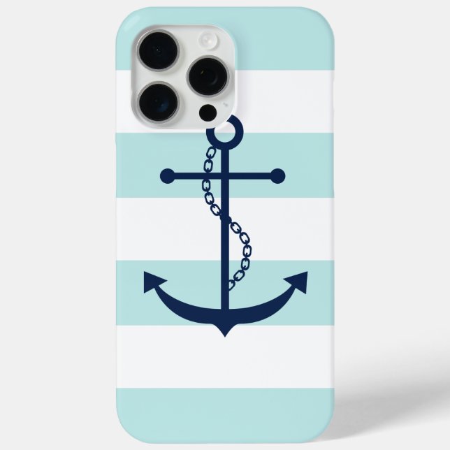 White Blue Mint Stripes Pattern Anchor Case-Mate iPhone Case (Back)