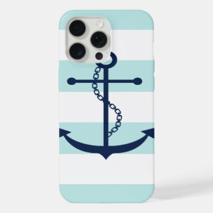 White Blue Mint Stripes Pattern Anchor iPhone 15 Pro Max Case