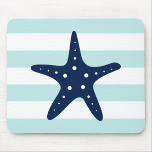 White Blue Mint Stripes Starfish Mouse Pad
