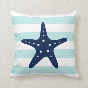 White Blue & Mint Wide Stripes Pattern Starfish Cushion