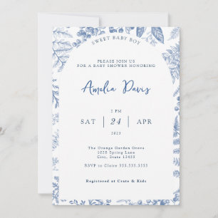 White Blue Modern Classic Floral Baby Boy Shower Invitation