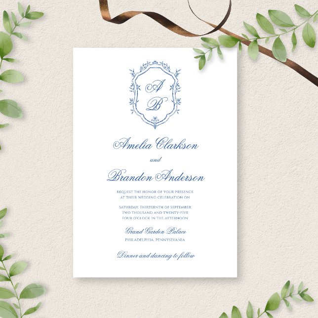 White & Blue Monogram Crest Formal Script Wedding Invitation (Creator Uploaded)