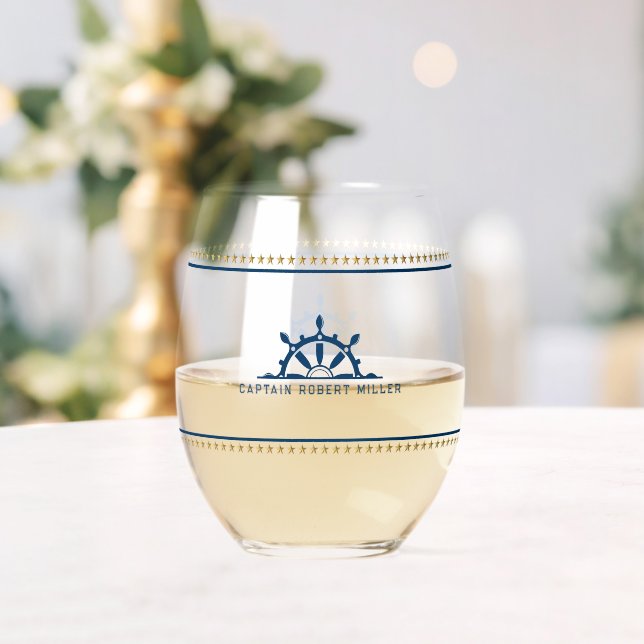 White & Blue Nautical Boat Wheel Gold Stars Stemless Wine Glass (Insitu (Wedding))
