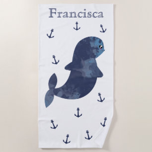 White Blue Navy Anchors Cute Kawaii Whale Nautical Beach Towel
