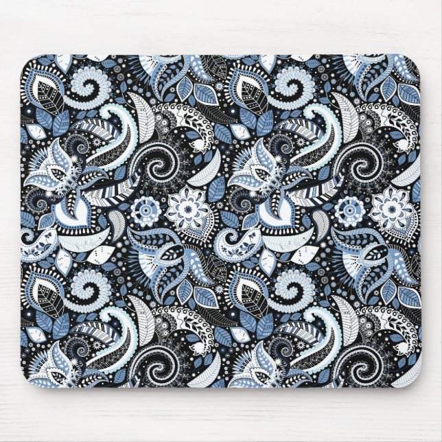 White & Blue Paisley Print Pattern Mouse Pad (Front)