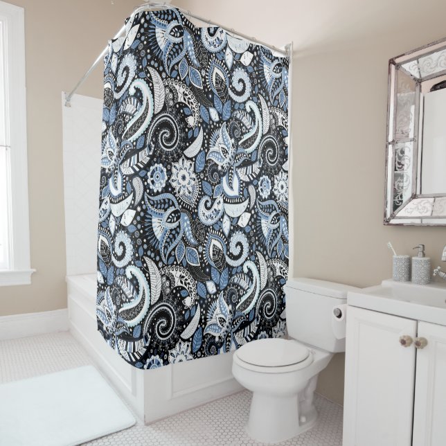 White & Blue Paisley Print Pattern Shower Curtain (In Situ)