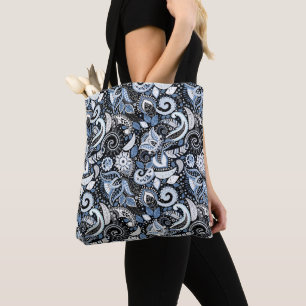 White & Blue Paisley Print Pattern Tote Bag