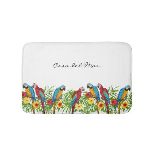 White blue parrots summer house name bath mat