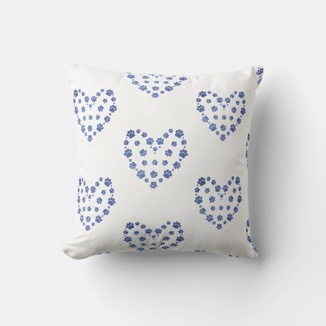 White & Blue Paw Heart Pattern Chic Cushion (Front)