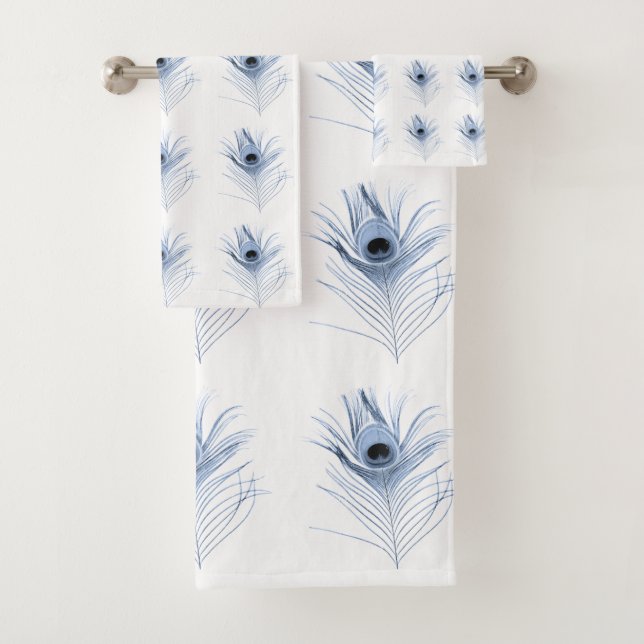 WHITE BLUE PEACOCK FEATHERS BATHROOM TOWEL SET (Insitu)